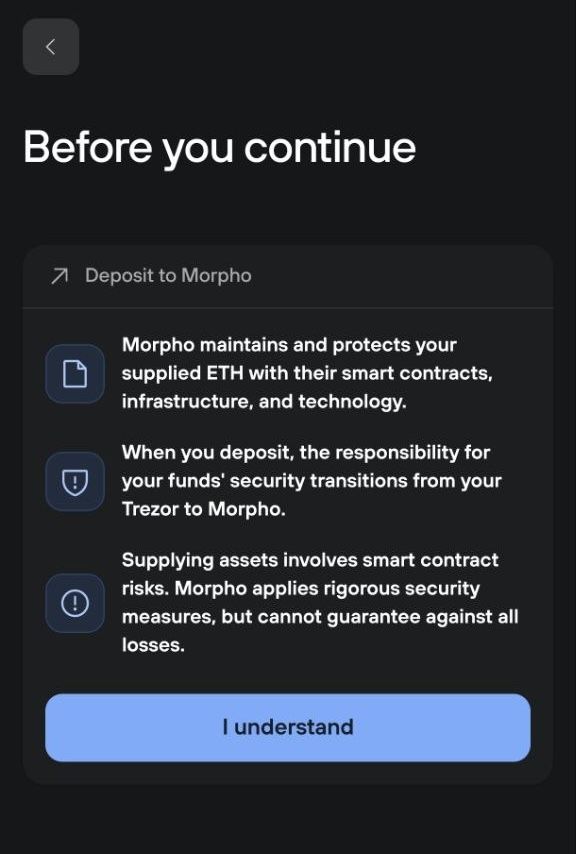 Risk notice explains that depositing ETH transfers fund security to Morpho and involves smart contract risk.