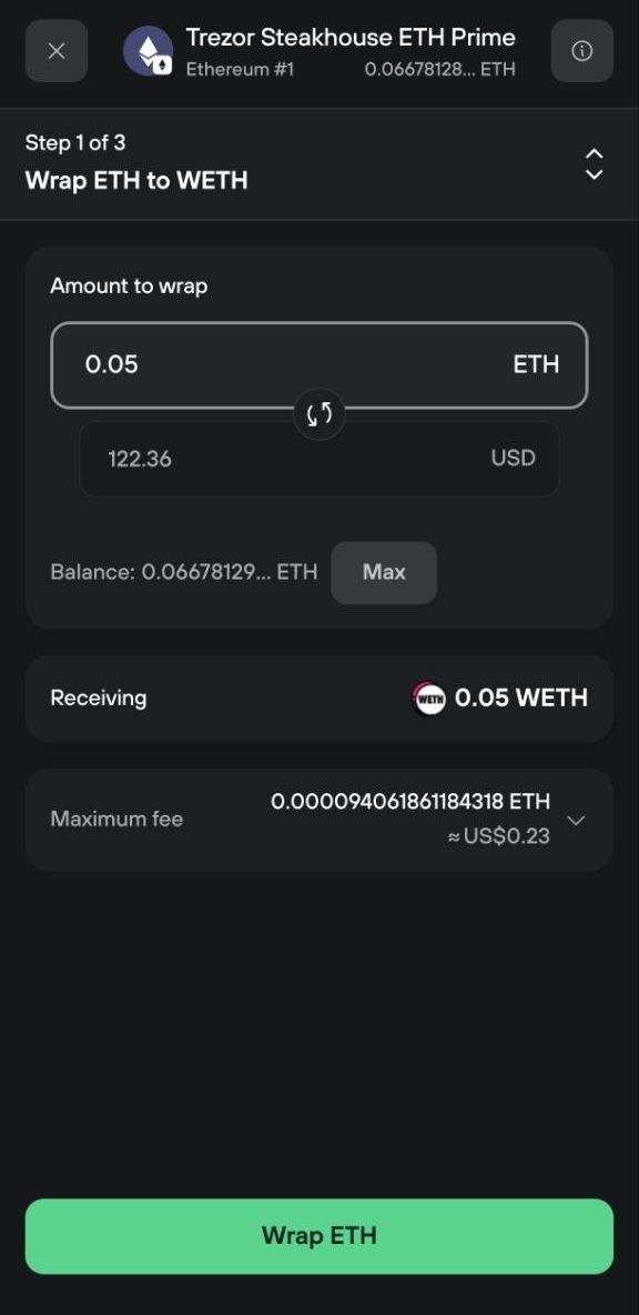 Wrap ETH to WETH step shows 0.05 ETH entered, 0.05 WETH to receive, and a maximum fee of about $0.23.