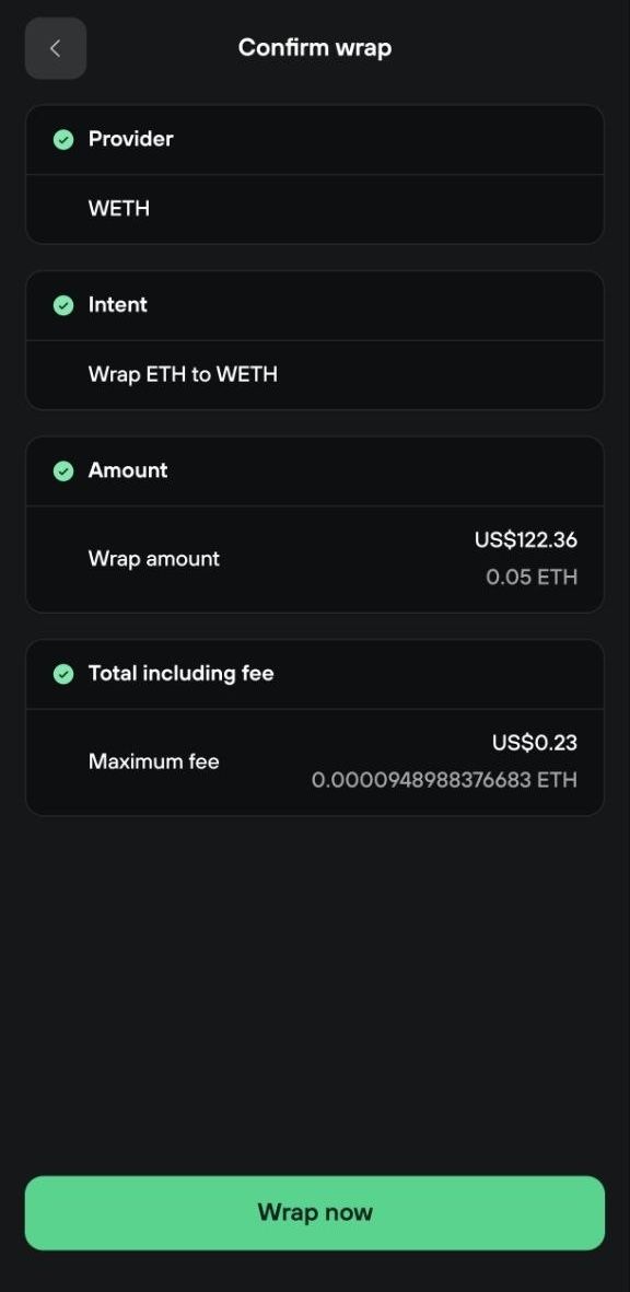 Confirm wrap screen shows WETH provider, 0.05 ETH wrap amount, and a maximum fee of about $0.23.