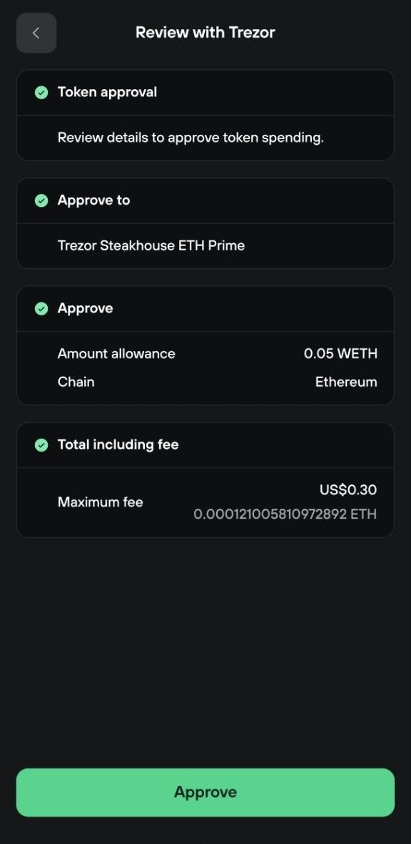 Trezor review shows approval of a 0.05 WETH allowance to the ETH Prime vault on Ethereum with a $0.30 maximum fee.