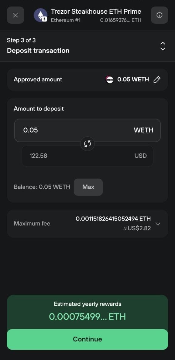 Step 3 shows a 0.05 WETH deposit amount, approved amount, maximum fee, and estimated yearly rewards.