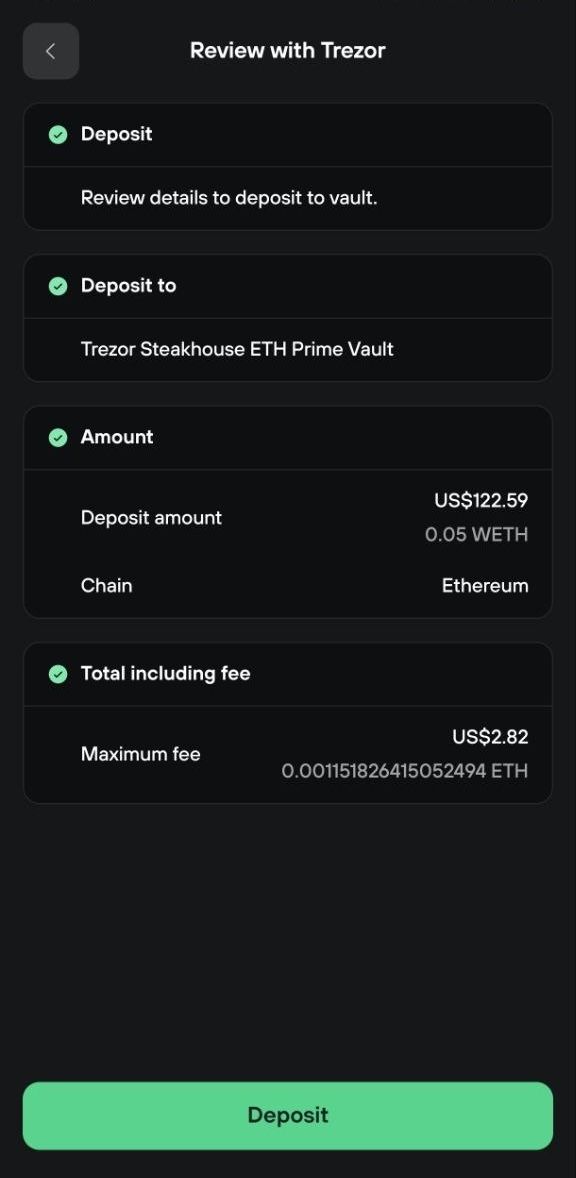Trezor review shows a 0.05 WETH deposit to the ETH Prime vault on Ethereum with a maximum fee of $2.82.