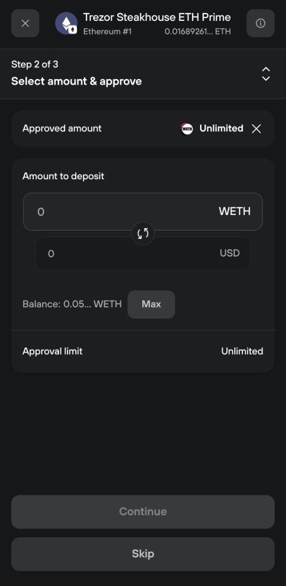 Step 2 shows an unlimited WETH approval already active, with no deposit amount entered and options to continue or skip.