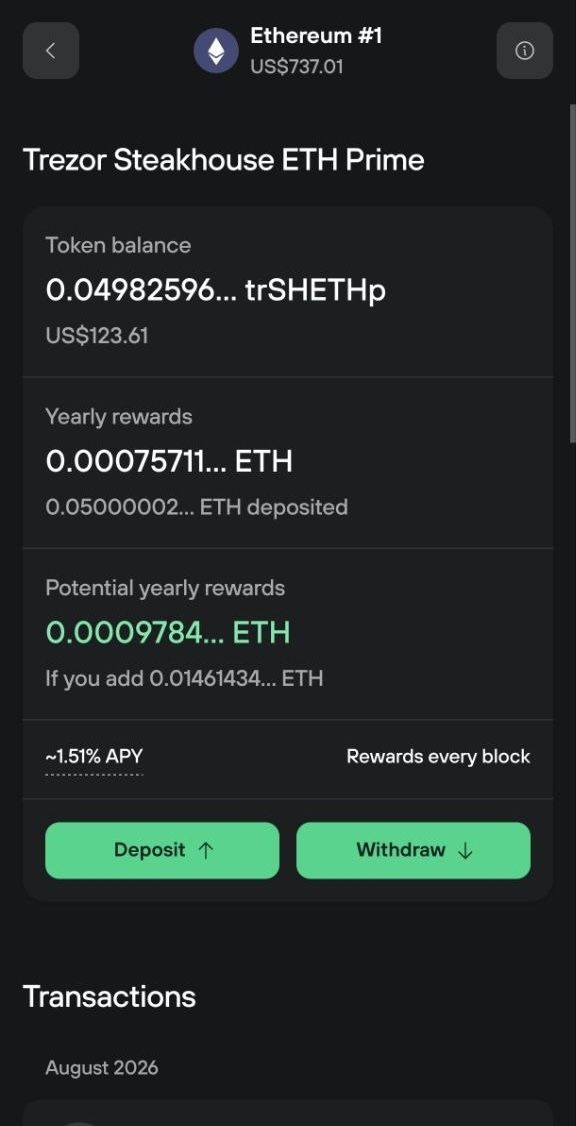 ETH Prime position shows token balance, yearly rewards, ~1.51% APY, and a failed transaction in the activity list.