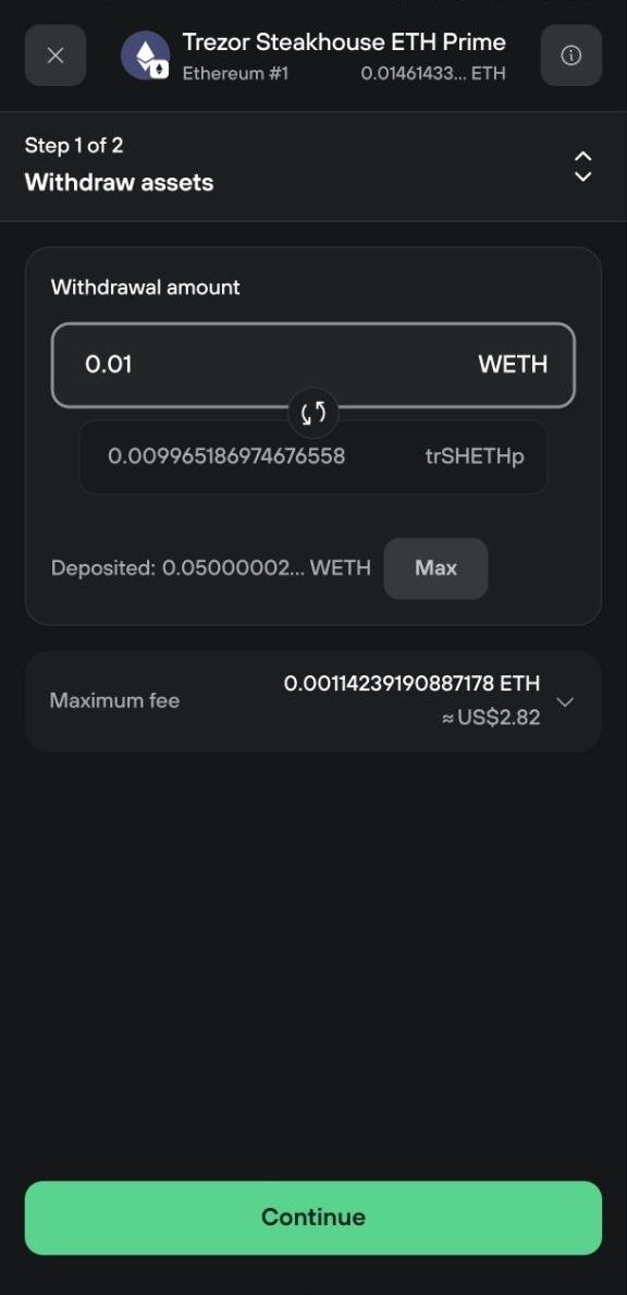Withdrawal step shows 0.01 WETH selected, equivalent trSHETHp, deposited balance, and a maximum fee of about $2.82.