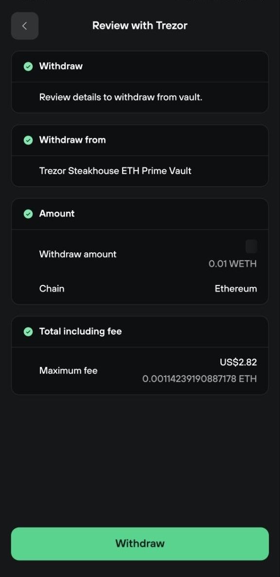 Trezor review shows a 0.01 WETH withdrawal from the ETH Prime vault on Ethereum with a maximum fee of $2.82.