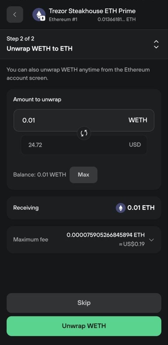 Step 2 shows 0.01 WETH ready to unwrap into 0.01 ETH, with a maximum fee of about $0.19.