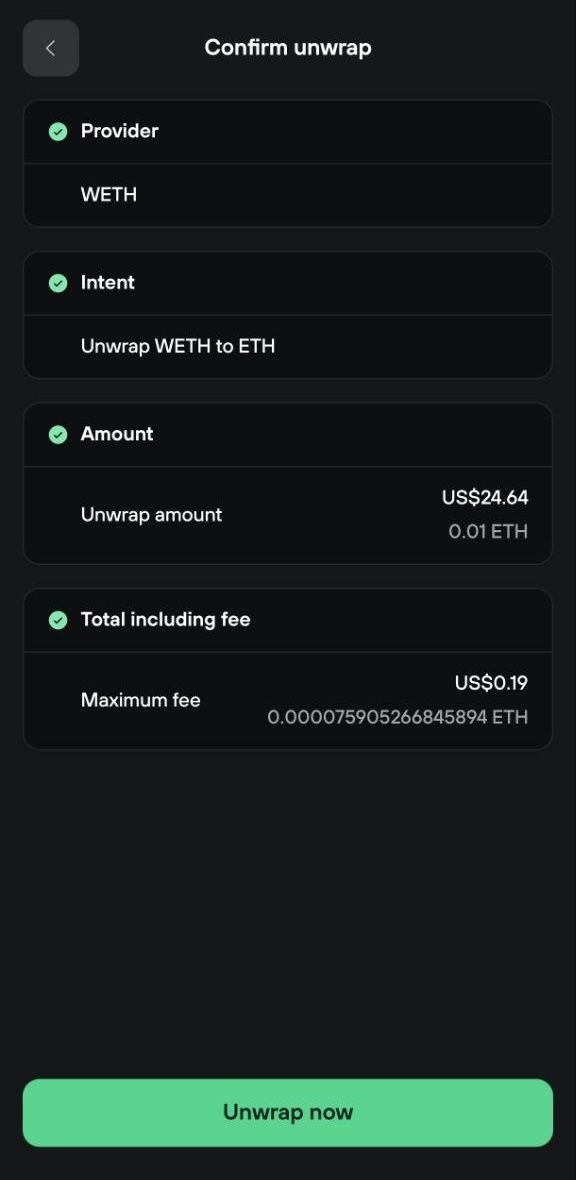 Confirm unwrap screen shows WETH provider, 0.01 ETH unwrap amount, and a maximum fee of about $0.19.