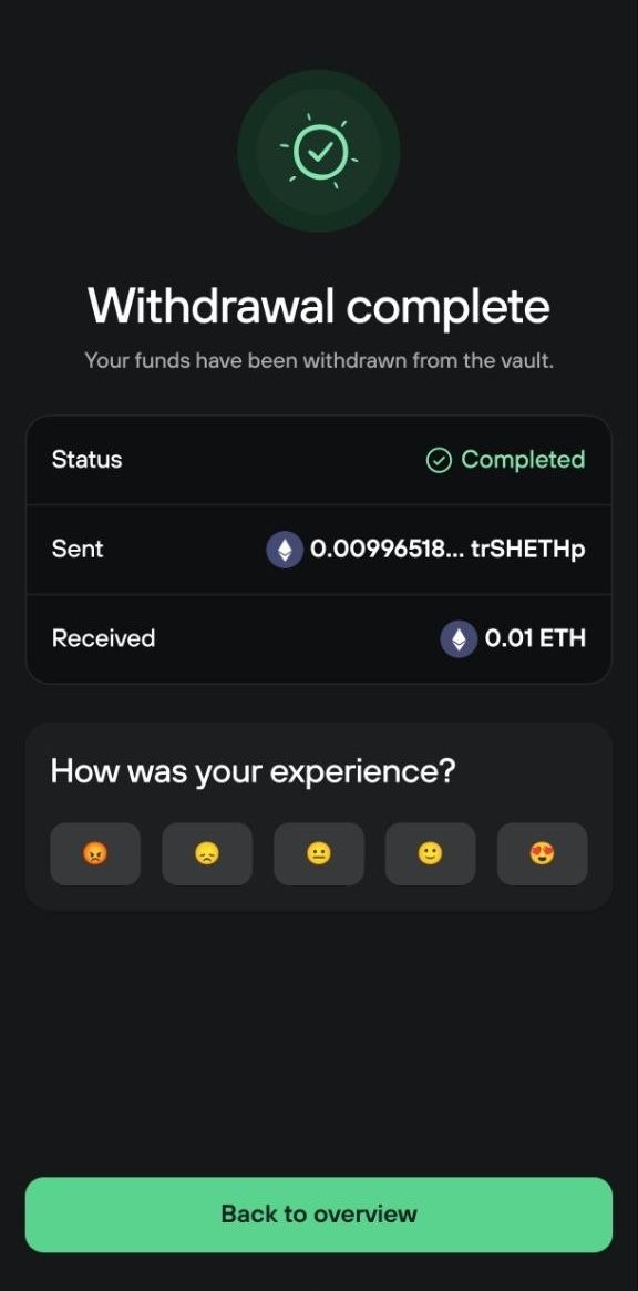 Withdrawal complete shows about 0.00996518 trSHETHp sent and 0.01 ETH received.
