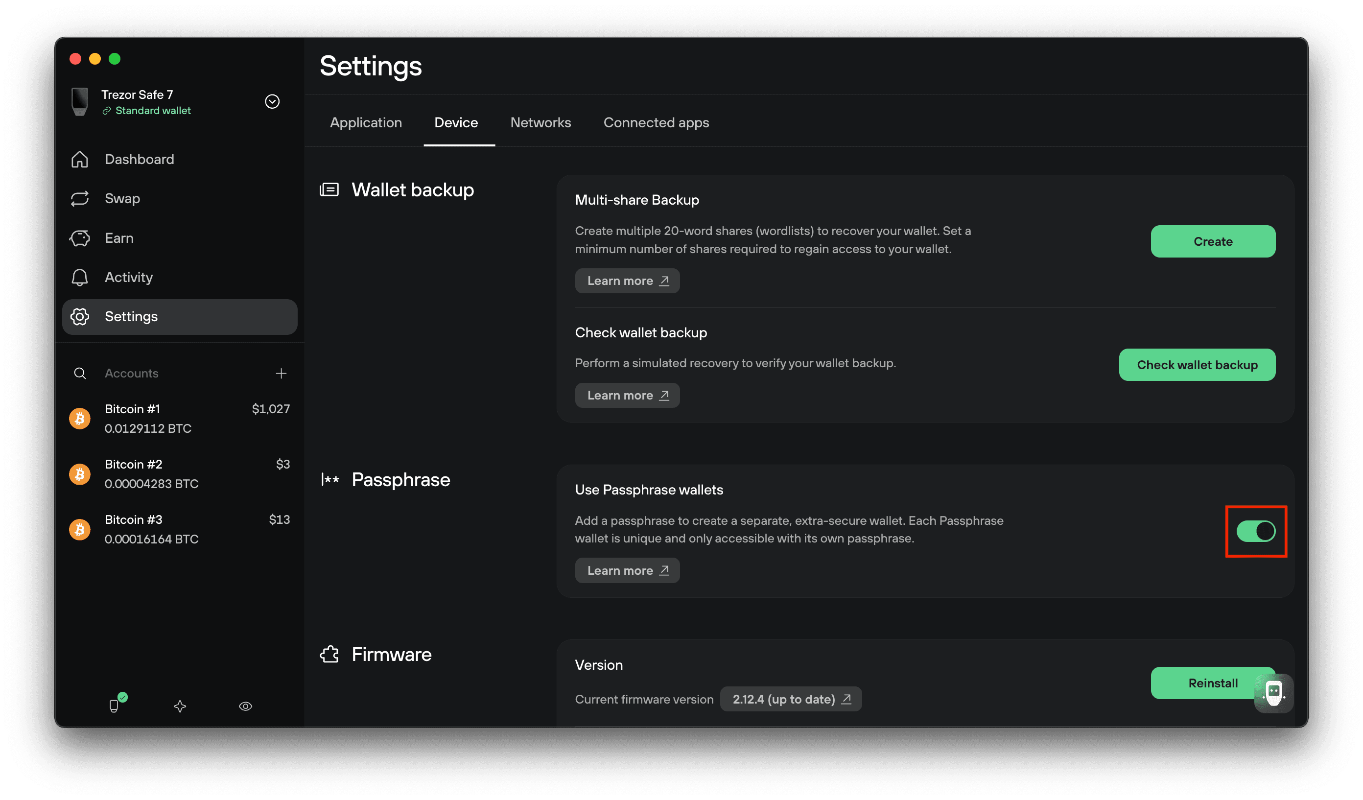 Trezor Suite Device settings with the Use Passphrase wallets toggle enabled and highlighted.