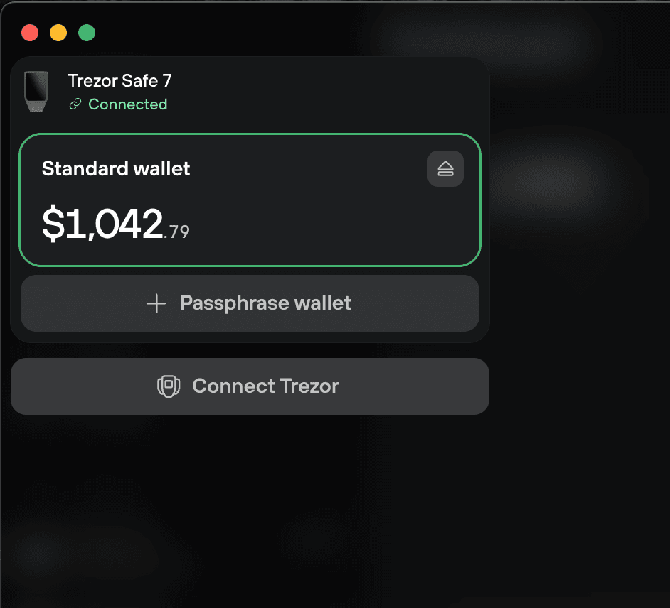 Trezor Suite wallet selector showing Standard wallet and a Passphrase wallet button.