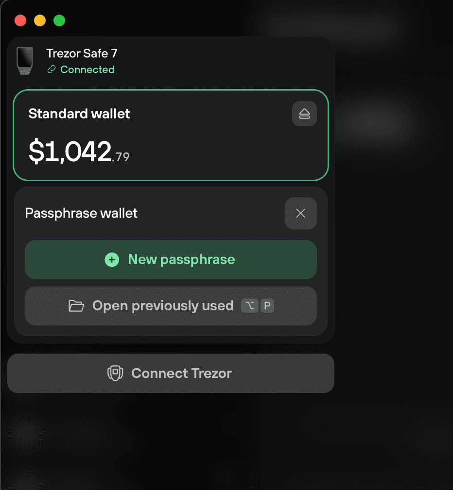 Trezor Suite wallet selector with options to create a new passphrase or open a previously used one.