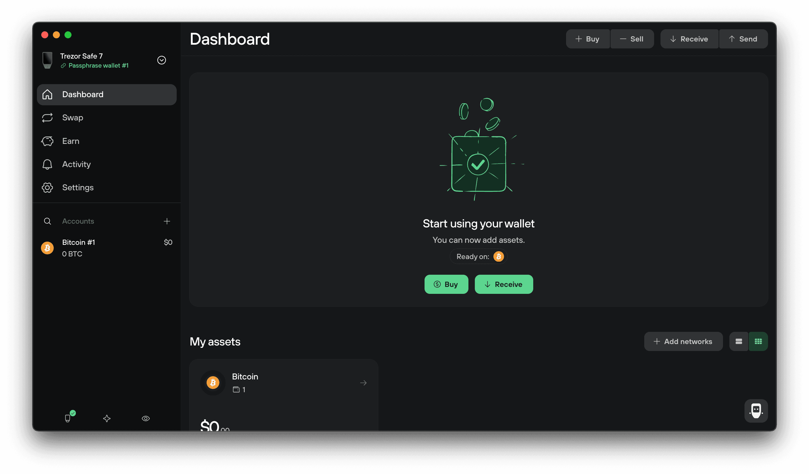 Trezor Suite Dashboard for Passphrase wallet #1, showing a Bitcoin account with a zero balance.