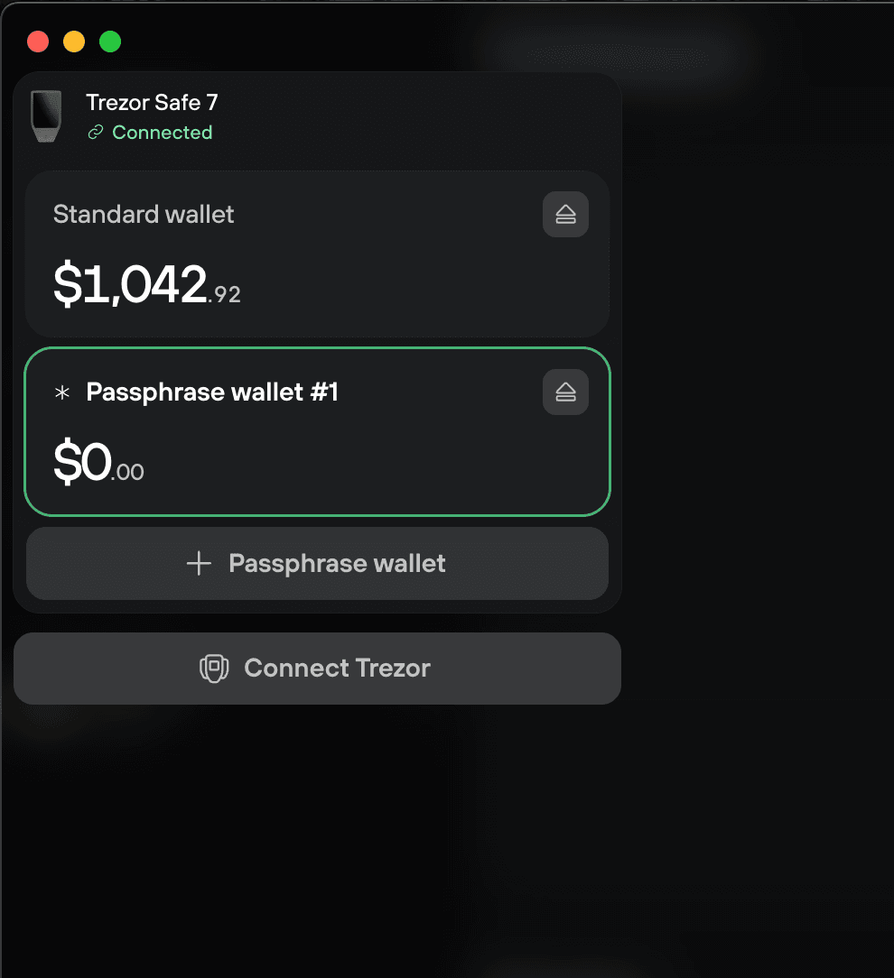 Trezor Suite wallet selector showing Passphrase wallet #1 selected below the Standard wallet.