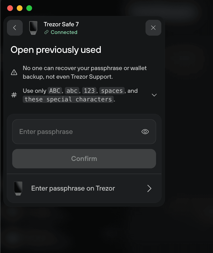 Open previously used passphrase screen with a passphrase field and an option to enter it on the Trezor device.