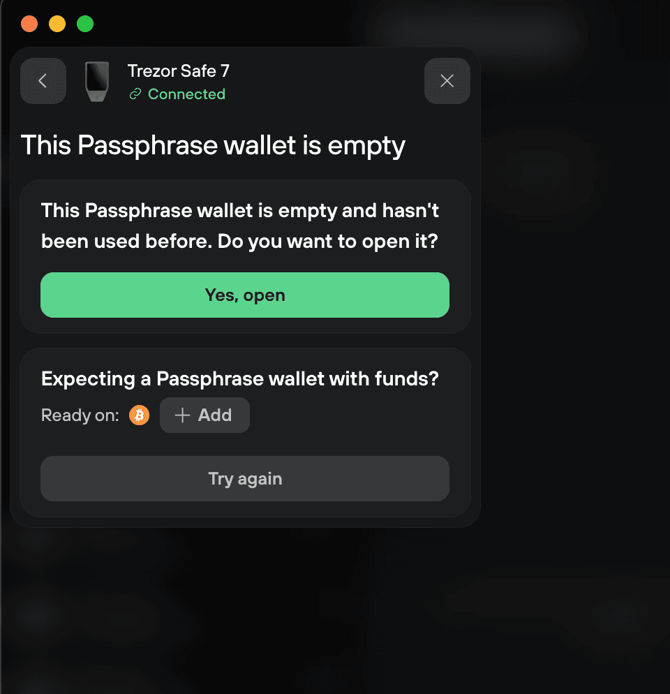 Trezor Suite says the passphrase wallet is empty, with options to open it, add Bitcoin, or try again.