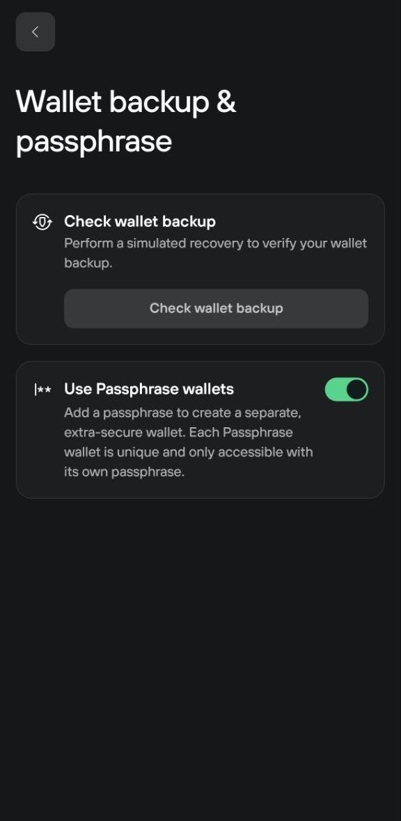 Trezor Suite mobile settings show wallet backup options and the Use Passphrase wallets toggle enabled.