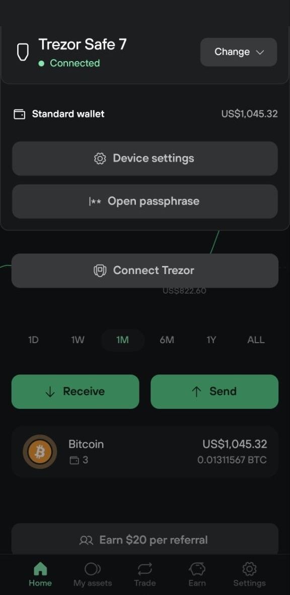 Trezor Suite wallet menu shows the Standard wallet, Device settings, and Open passphrase options.