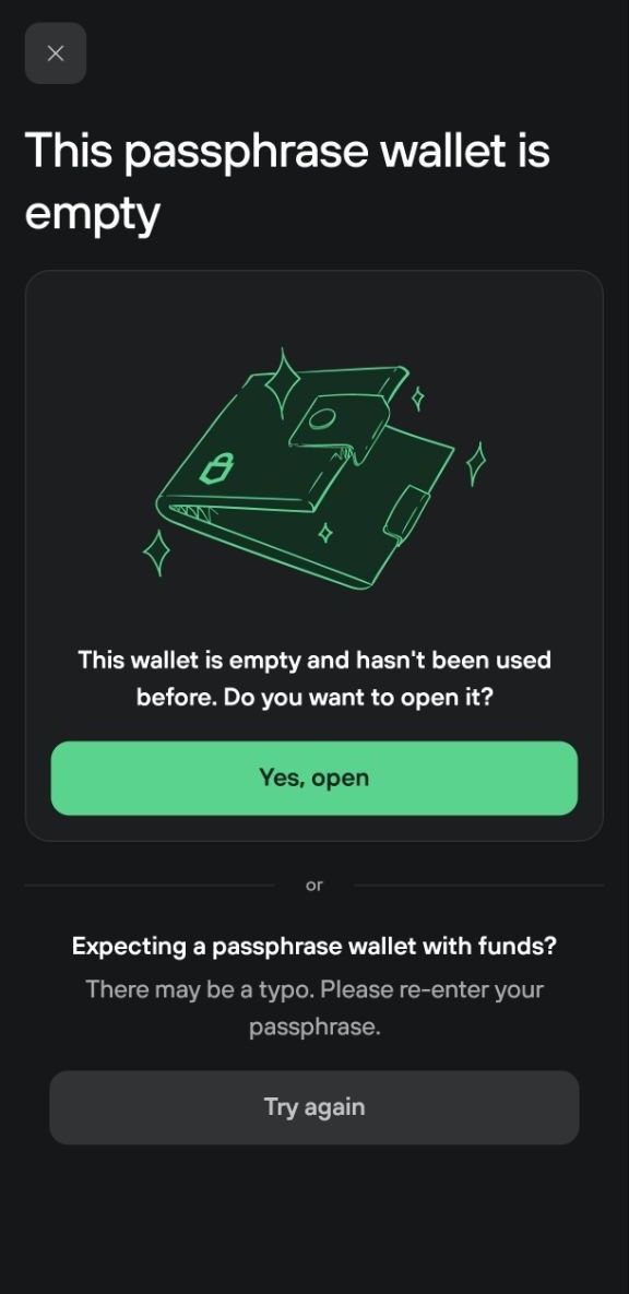 Empty passphrase wallet screen offers to open the wallet or try entering the passphrase again.