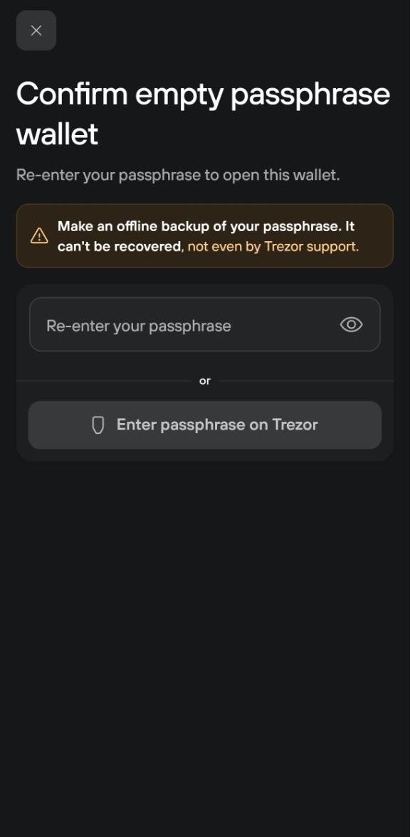 Confirm empty passphrase wallet screen asks to re-enter the passphrase and warns to keep an offline backup.