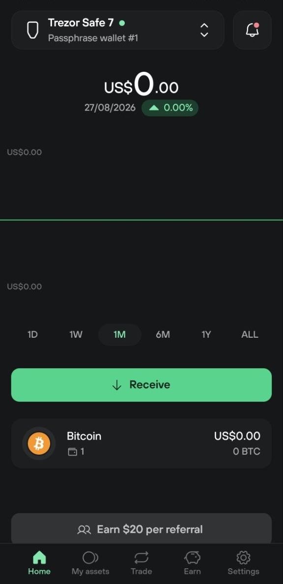 Trezor Suite shows Passphrase wallet #1 with a zero balance and one Bitcoin account.