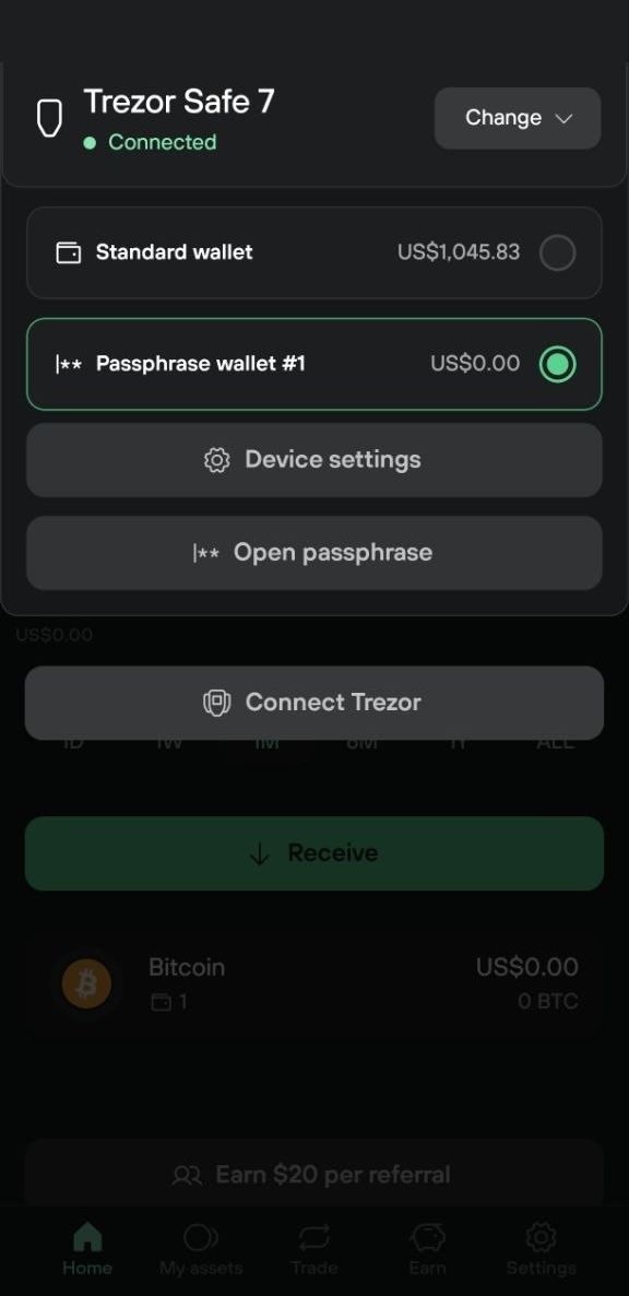 Trezor Suite wallet menu shows Passphrase wallet #1 selected with Standard wallet and Open passphrase options.