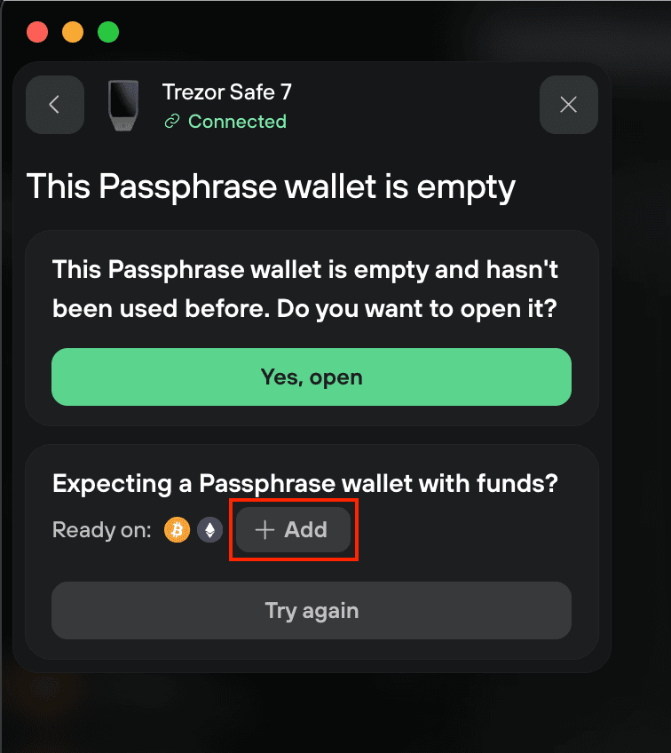 Passphrase wallet reported as empty, with options to add a network, open it anyway, or try again