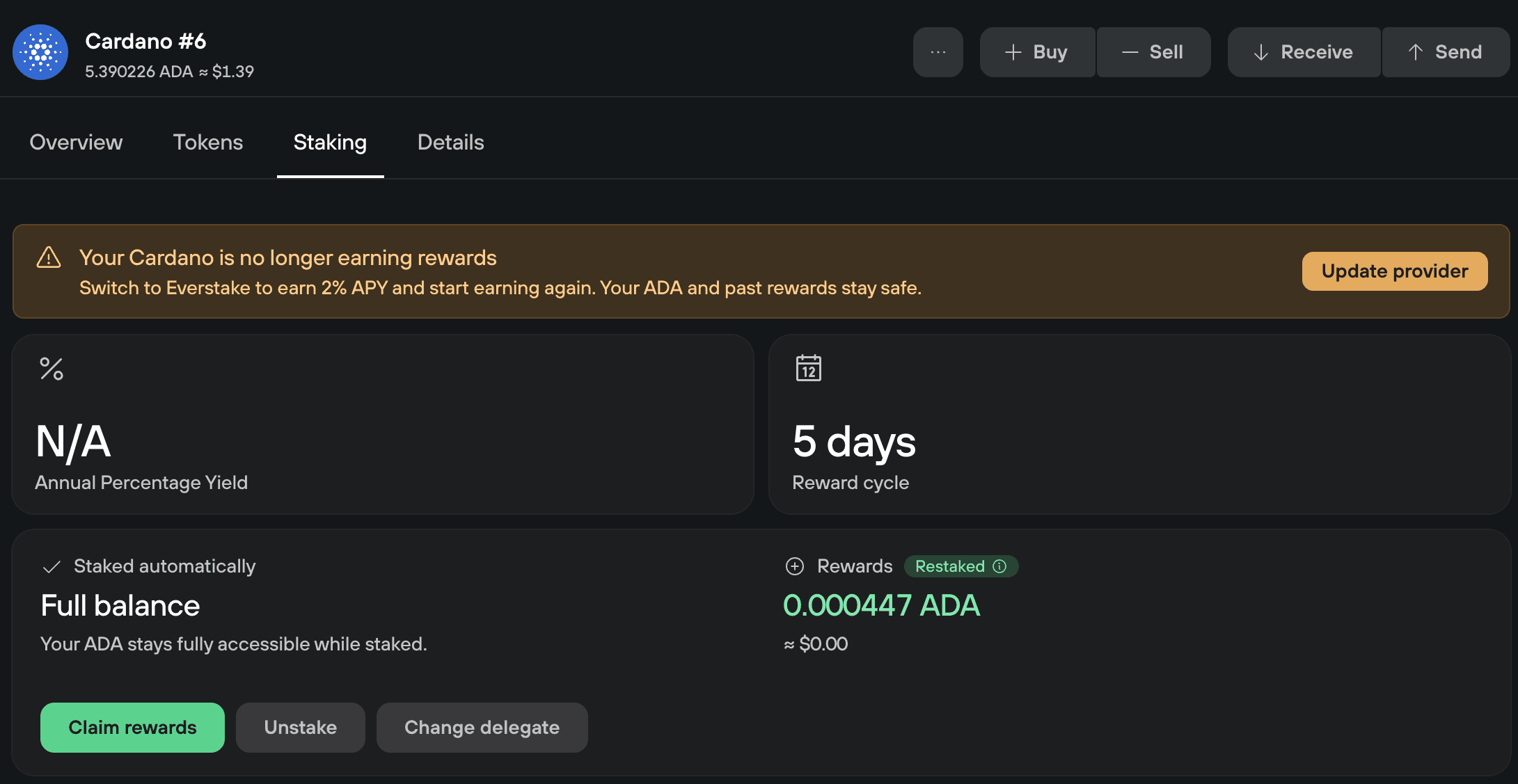 Cardano staking shows rewards stopped, with an Update provider button to switch to Everstake and resume earning.
