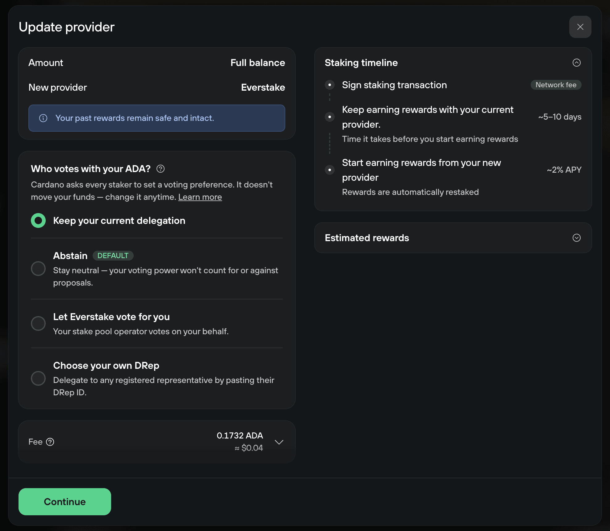 Update provider dialog shows Everstake, voting preference options, staking timeline, fee, and Continue button.