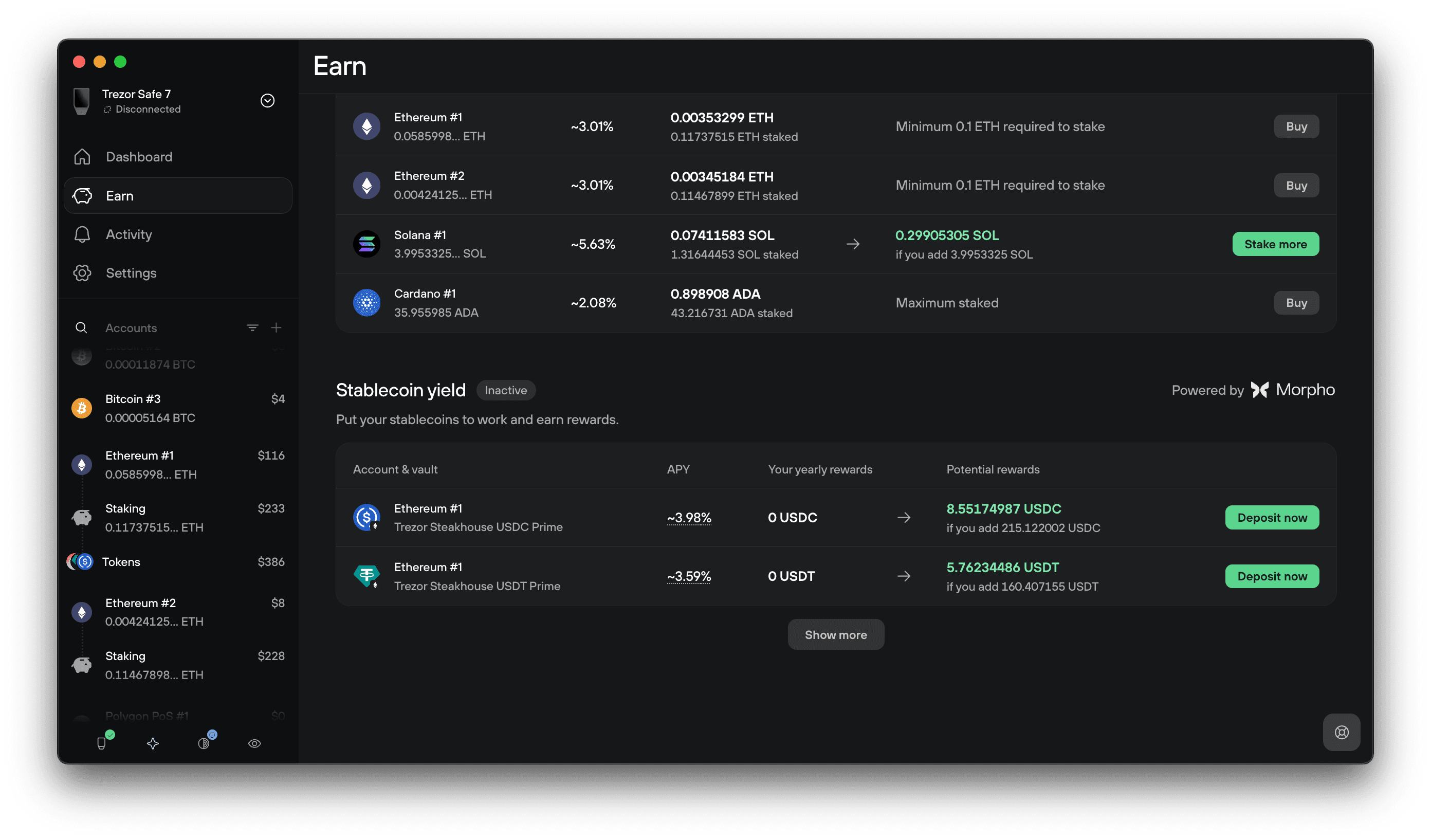 Trezor Suite Earn page showing staking balances, reward rates, and stablecoin yield opportunities across supported accounts