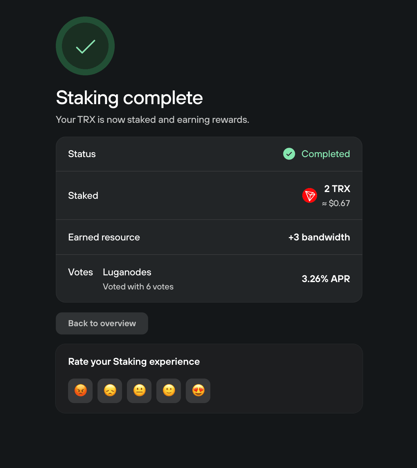 Trezor Suite confirms 2 TRX staked, 3 bandwidth earned, and 6 votes assigned to Luganodes at 3.26% APR.