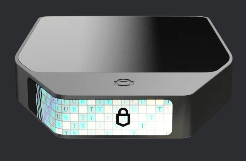 Close-up render of the Trezor Safe 7 holographic security seal over the USB-C port, showing the reflective grid pattern with the Trezor lock icon.