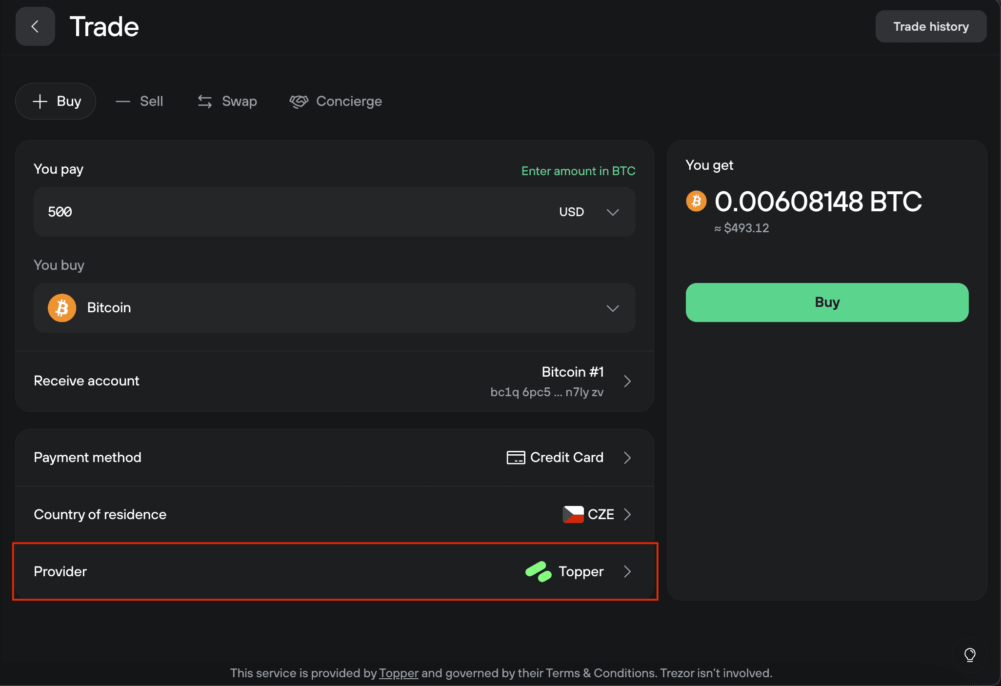 Buy form showing USD payment for Bitcoin with receive account, payment method, country, and provider highlighted