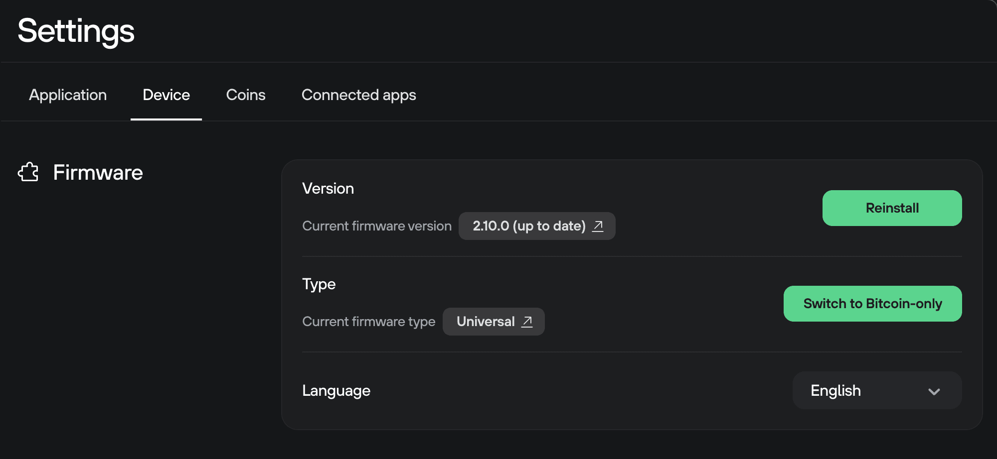 Trezor Suite Device settings showing firmware version 2.10.0 (up to date) with options to Reinstall or Switch to Bitcoin-only