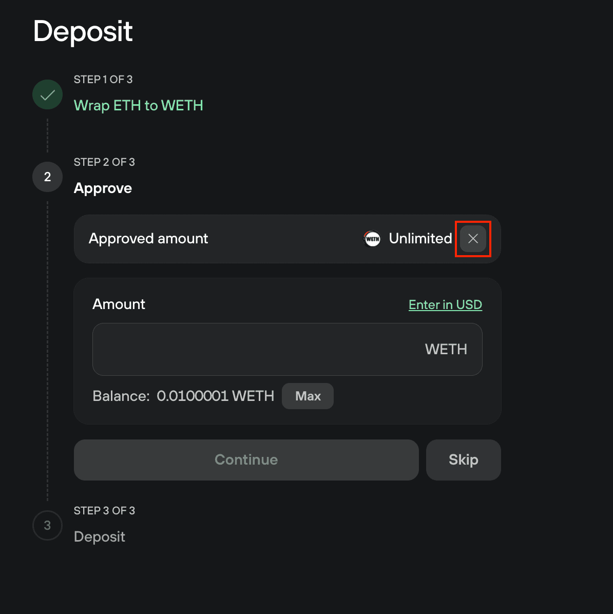 Deposit approval step shows an Unlimited WETH allowance with the remove approval button highlighted.