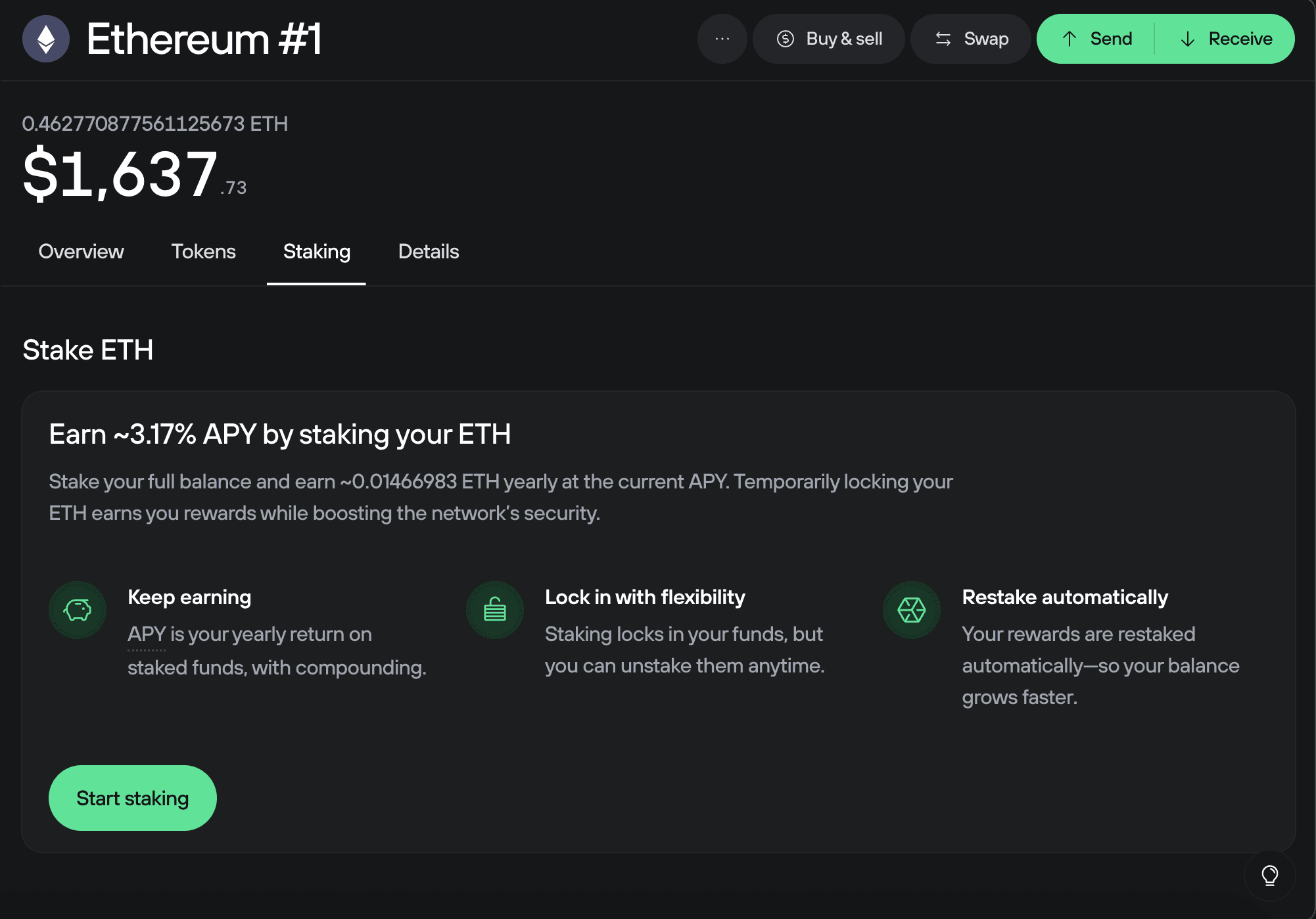 Trezor Suite Ethereum account showing staking intro with 3.17% APY and Start staking button.