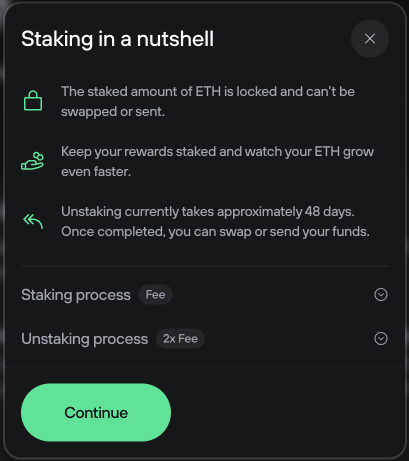 Popup summarizing ETH staking basics, fees, and unstaking time with Continue button.