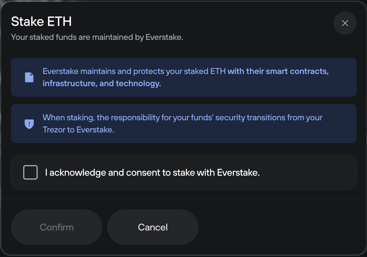 Confirmation screen explaining Everstake’s role and requiring consent before staking.