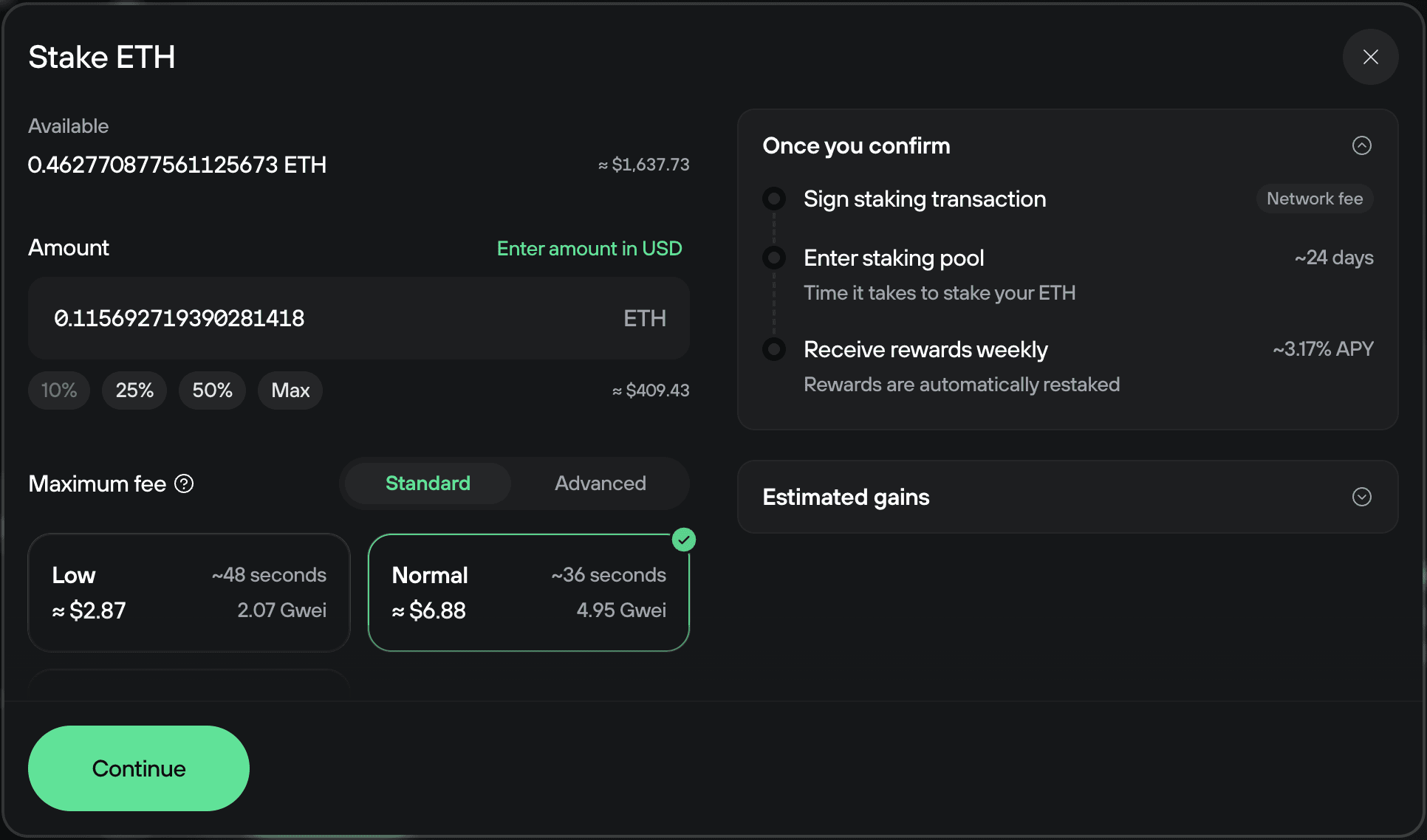 Trezor Suite window for entering staking amount, selecting fee, and viewing estimated rewards.