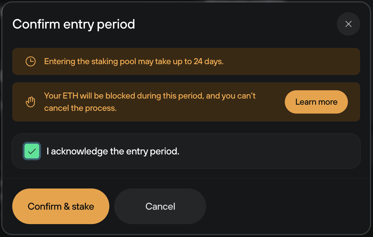 Warning dialog noting ETH lock-up up to 24 days with Confirm & stake and Cancel buttons.
