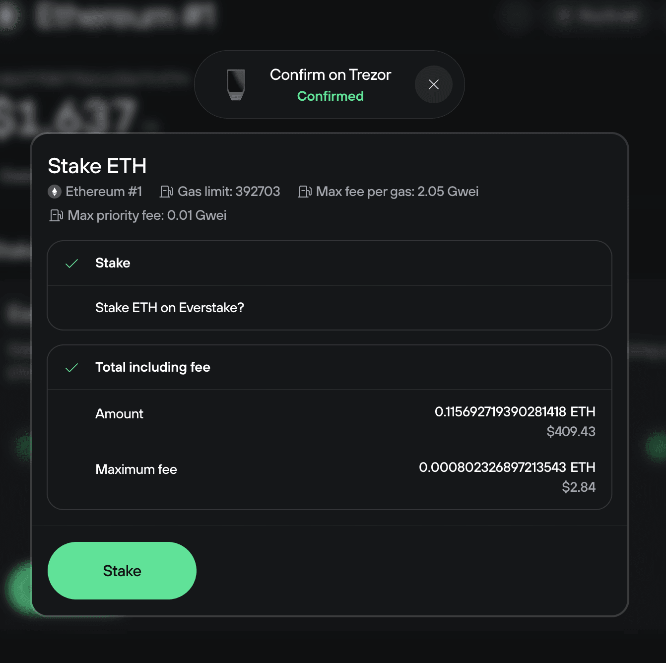Transaction summary showing confirmed staking of ETH on Everstake with total and fee details.