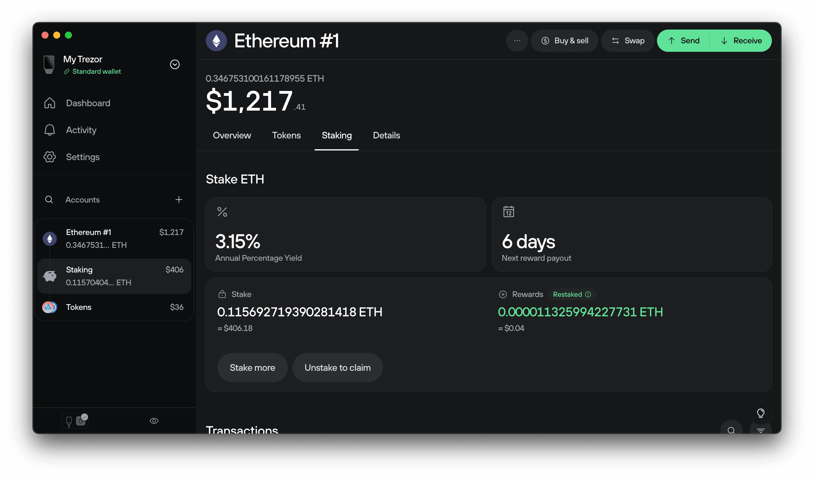 Ethereum wallet staking overview showing balance, 3.15% APY, rewards, and stake management options.