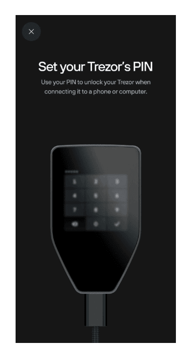 On-screen prompt to set your Trezor Safe 5 PIN, showing the device with numeric keypad ready for entry.