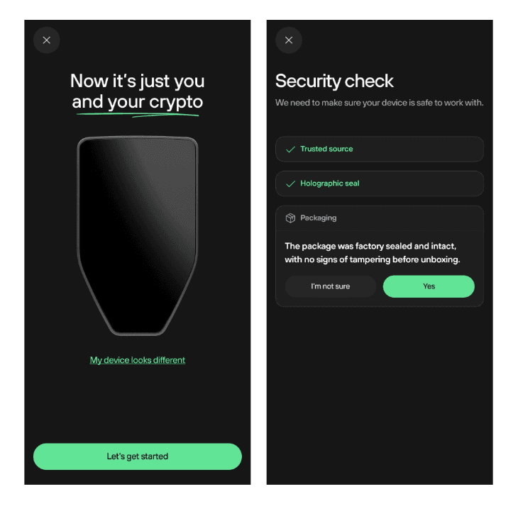Trezor mobile screens showing Safe 7 welcome message and a security check confirming trusted source, seal, and packaging.