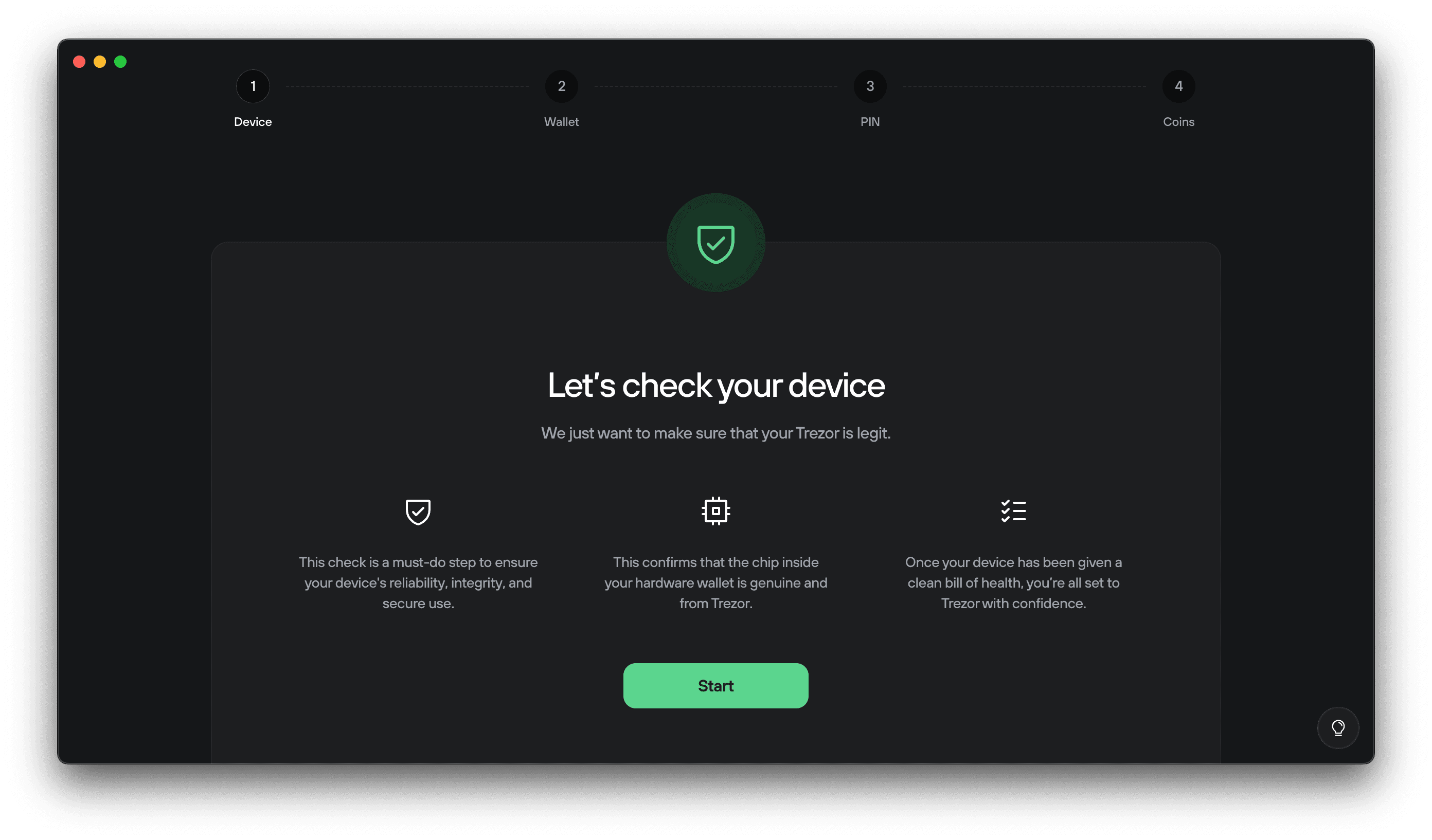 Trezor Suite screen prompting the user to verify their device’s authenticity, with a Start button to begin the device check.