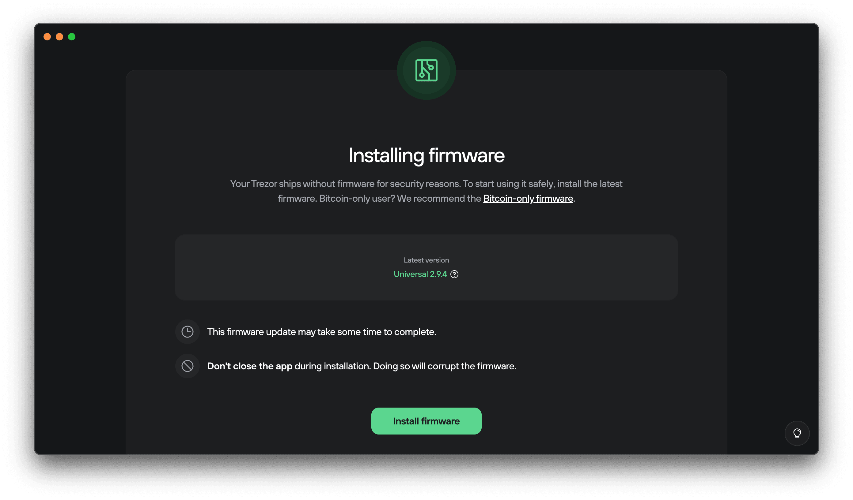 Trezor Suite screen prompting the user to install the latest firmware for their Trezor device, with an Install firmware button displayed at the bottom.