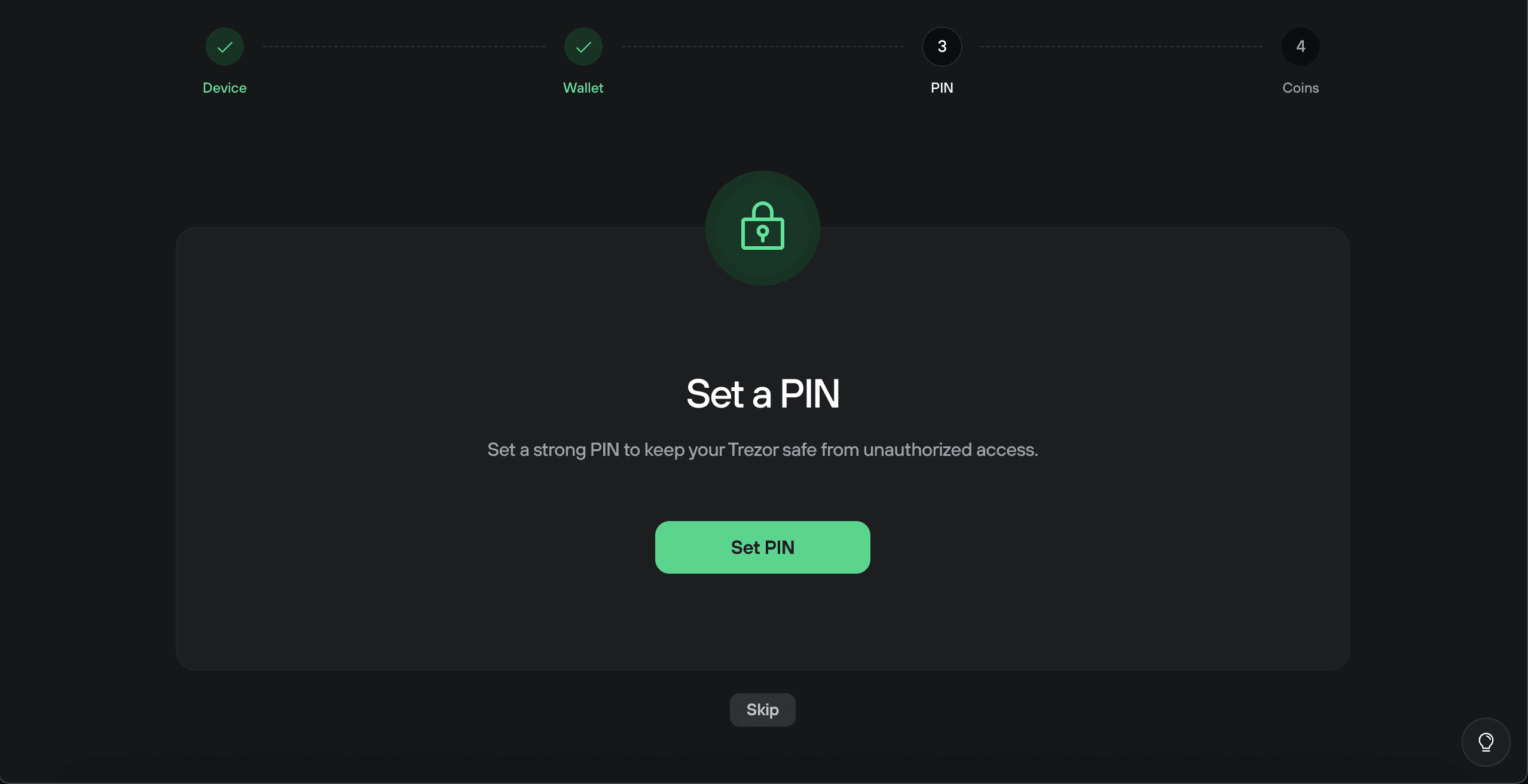Set-a-PIN screen in Trezor Suite showing a lock icon and a green “Set PIN” button during device setup.