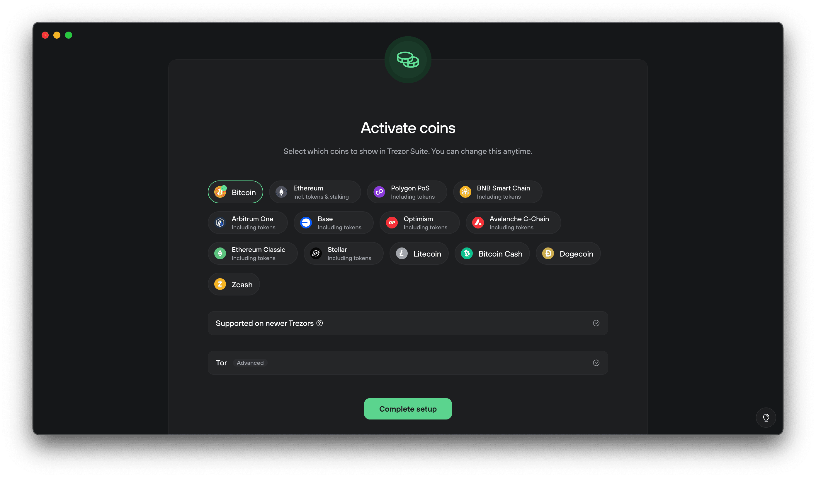 Activate coins screen showing selectable cryptocurrency chips like Bitcoin, Ethereum, Polygon, Base, and a Complete setup button at the bottom