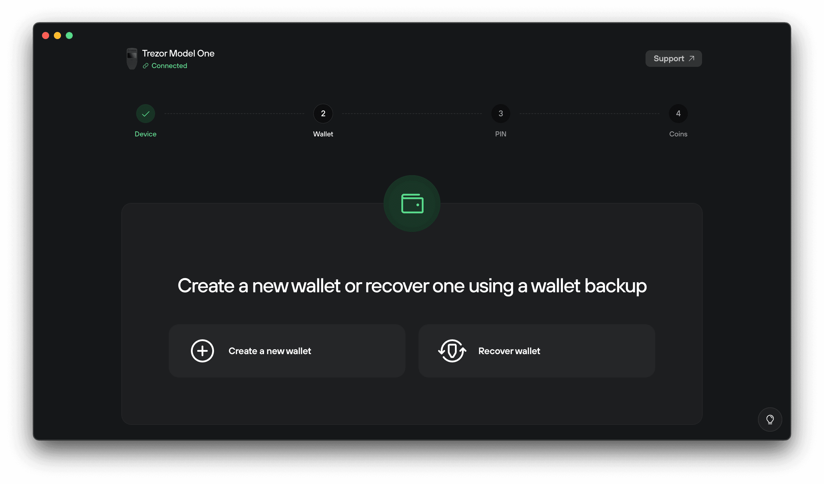 Trezor Suite setup step prompting to create a new wallet or recover one using a wallet backup on Trezor Model One
