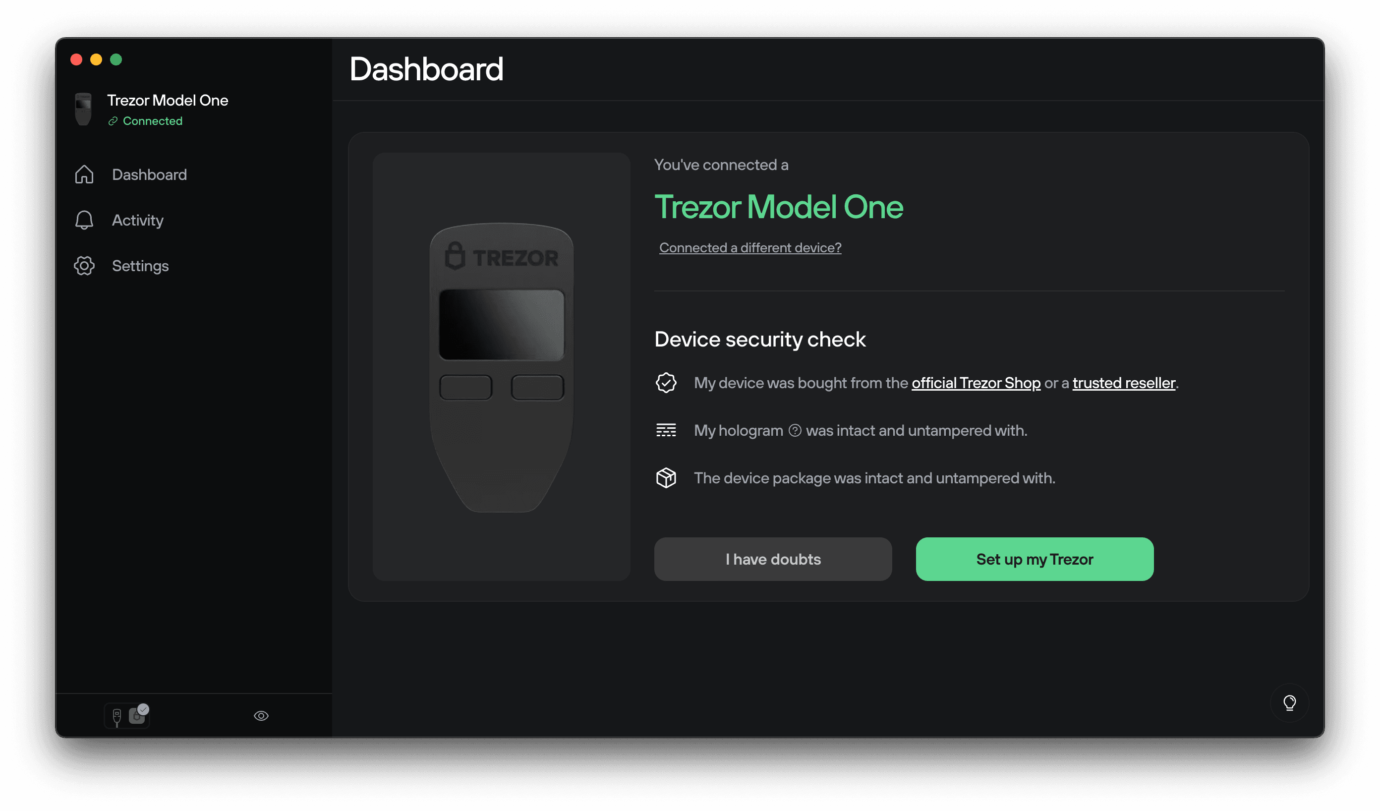 Trezor Suite dashboard showing connected Trezor Model One and device security checklist with Set up my Trezor button